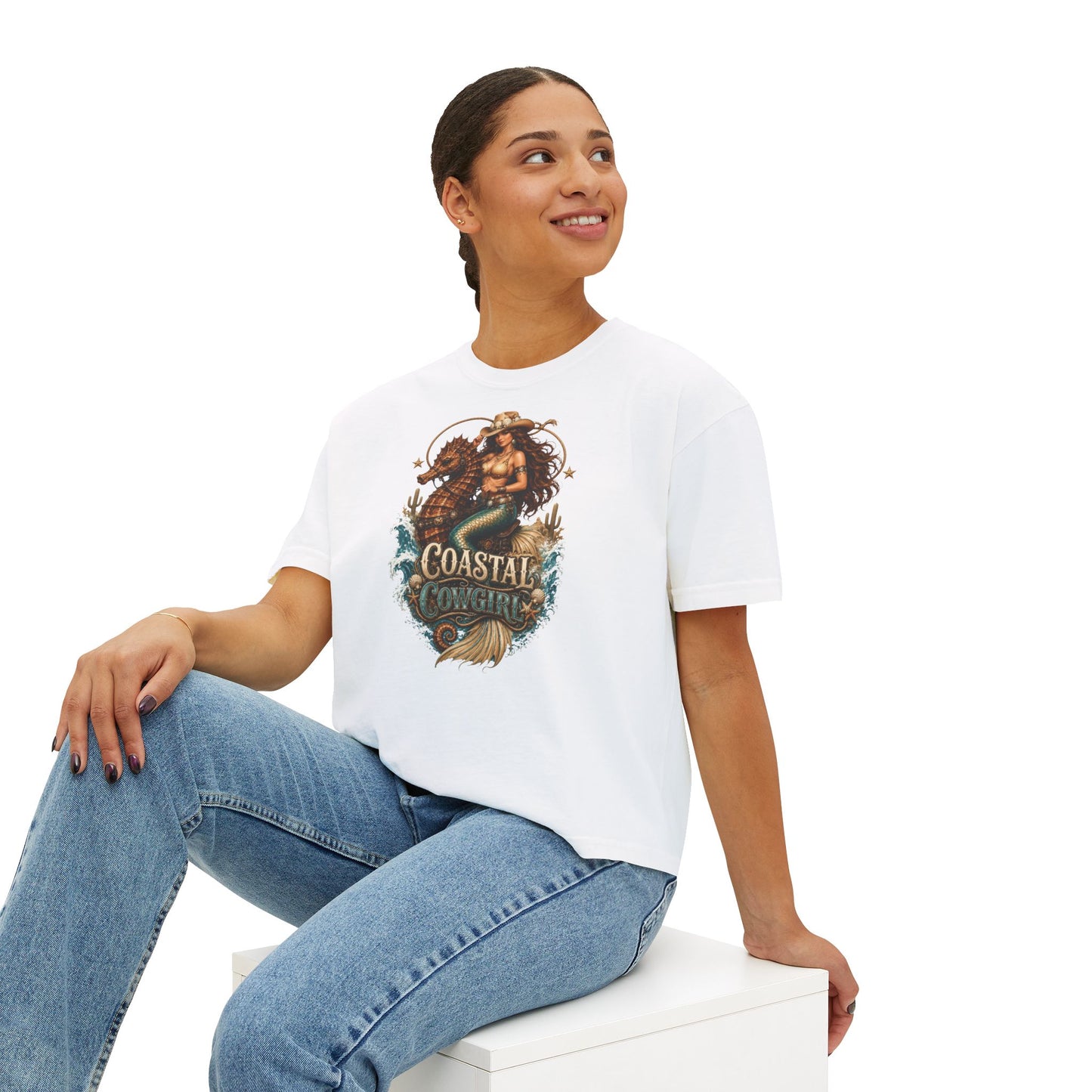 Coastal Cowgirl Women's Boxy Tee — Graphic Mermaid Cowgirl Beach Shirt