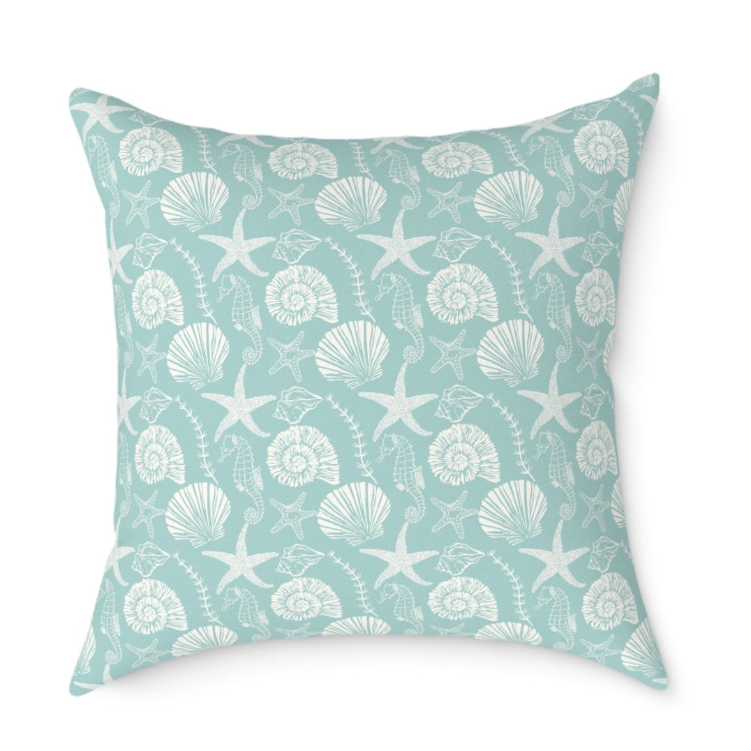 Seashells & Starfish Coastal Throw Pillow — Aqua Beach Pattern