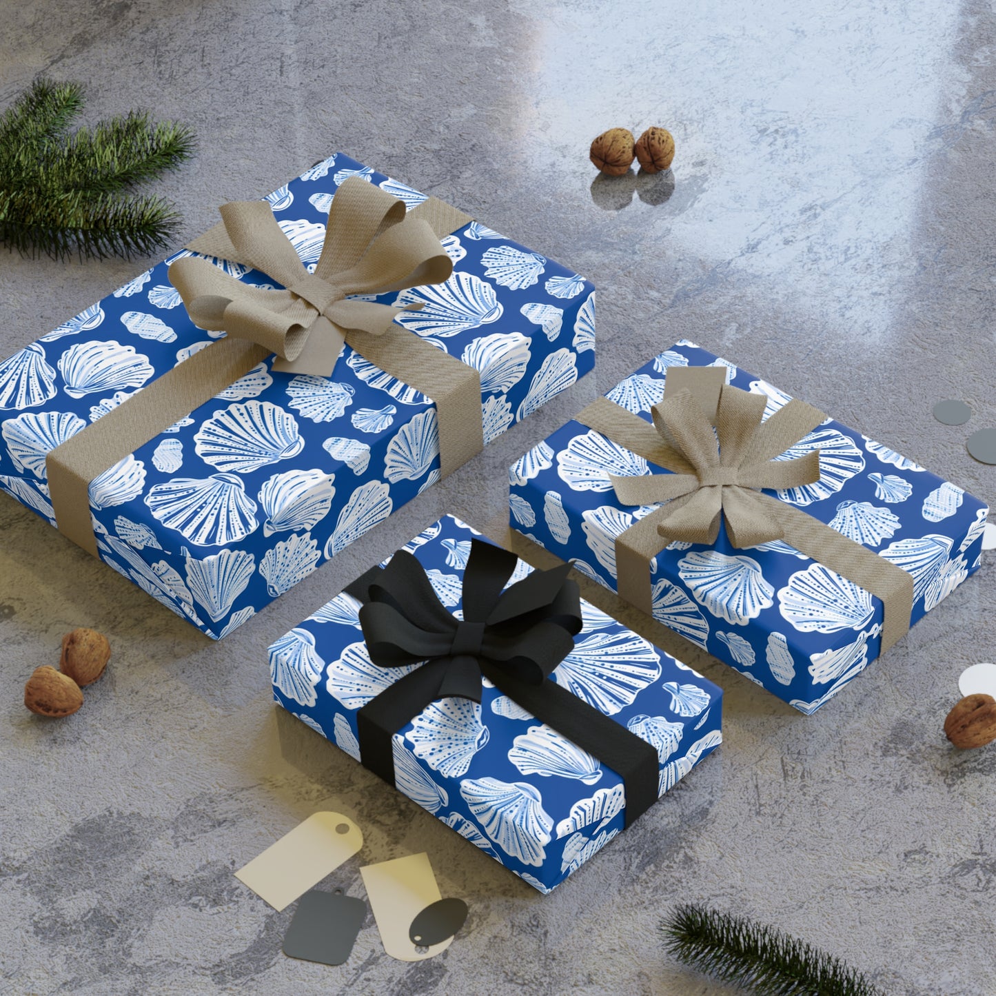Seashell Pattern Gift Wrap Roll — Blue Coastal Wrapping Paper