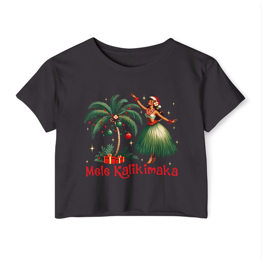 Aloha Christmas Retro Hawaiian Style Mele Kalikimaka Hula Girl Crop Top T-Shirt