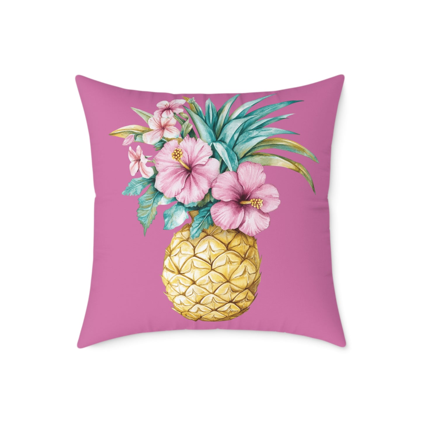 Pineapple Hibiscus Square Pillow — Tropical Floral Decorative Throw Pillow