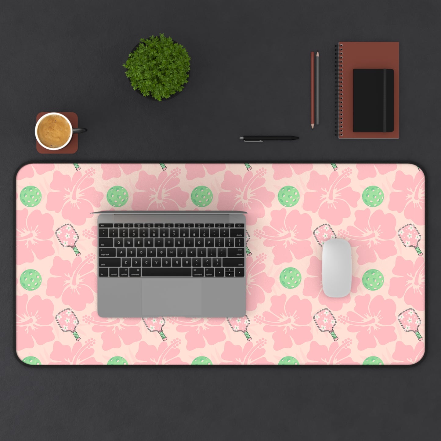 Pink and Green Pickleball Floral Desk Mat — Cute Hibiscus & Pickleball Pattern Mouse Pad