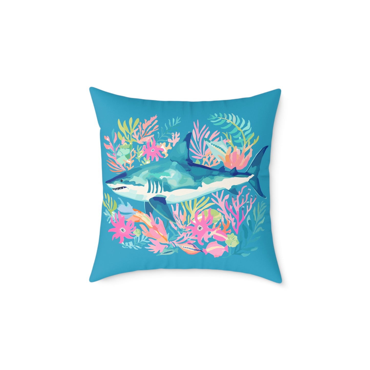 Shark Coral Square Throw Pillow — Tropical Ocean Floral Decorative Cushion