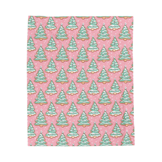 Christmas Tree Cookie Velveteen Blanket — Pink Holiday Plush Throw Decor