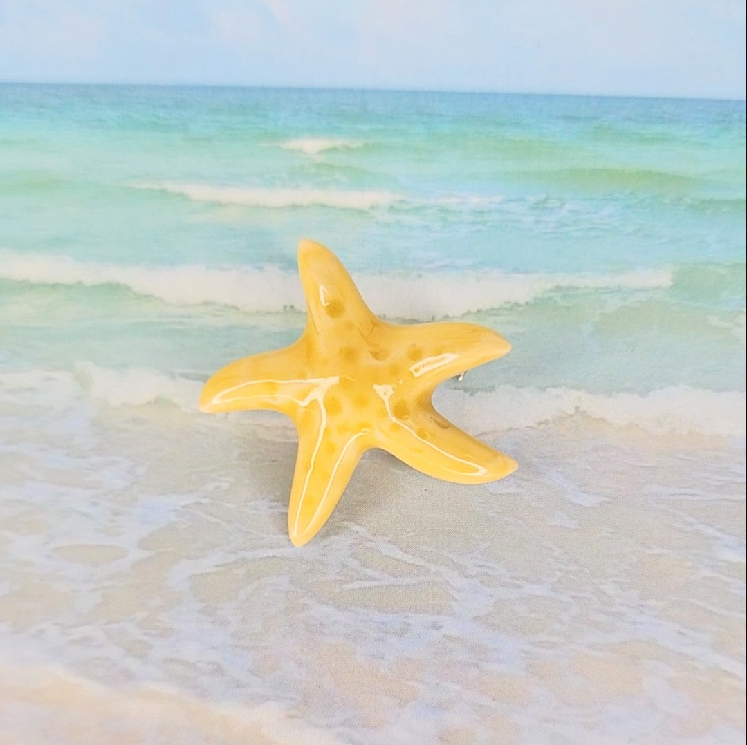 Ceramic yellow starfish pin brooch