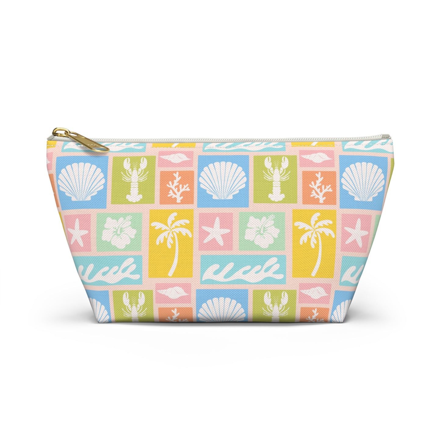 A zippered cosmetic pouch with a colorful tropical and beach-themed pattern featuring seashells, palm trees, starfish, lips, and hibiscus flowers in pastel blocks, shown on a plain white background.
