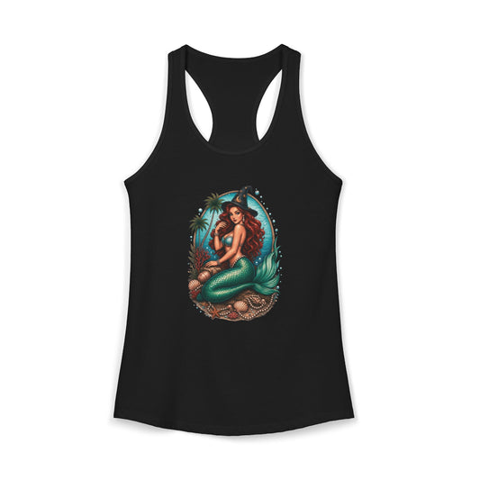 Black tank top with a mermaid wearing a witch hat design on a white background