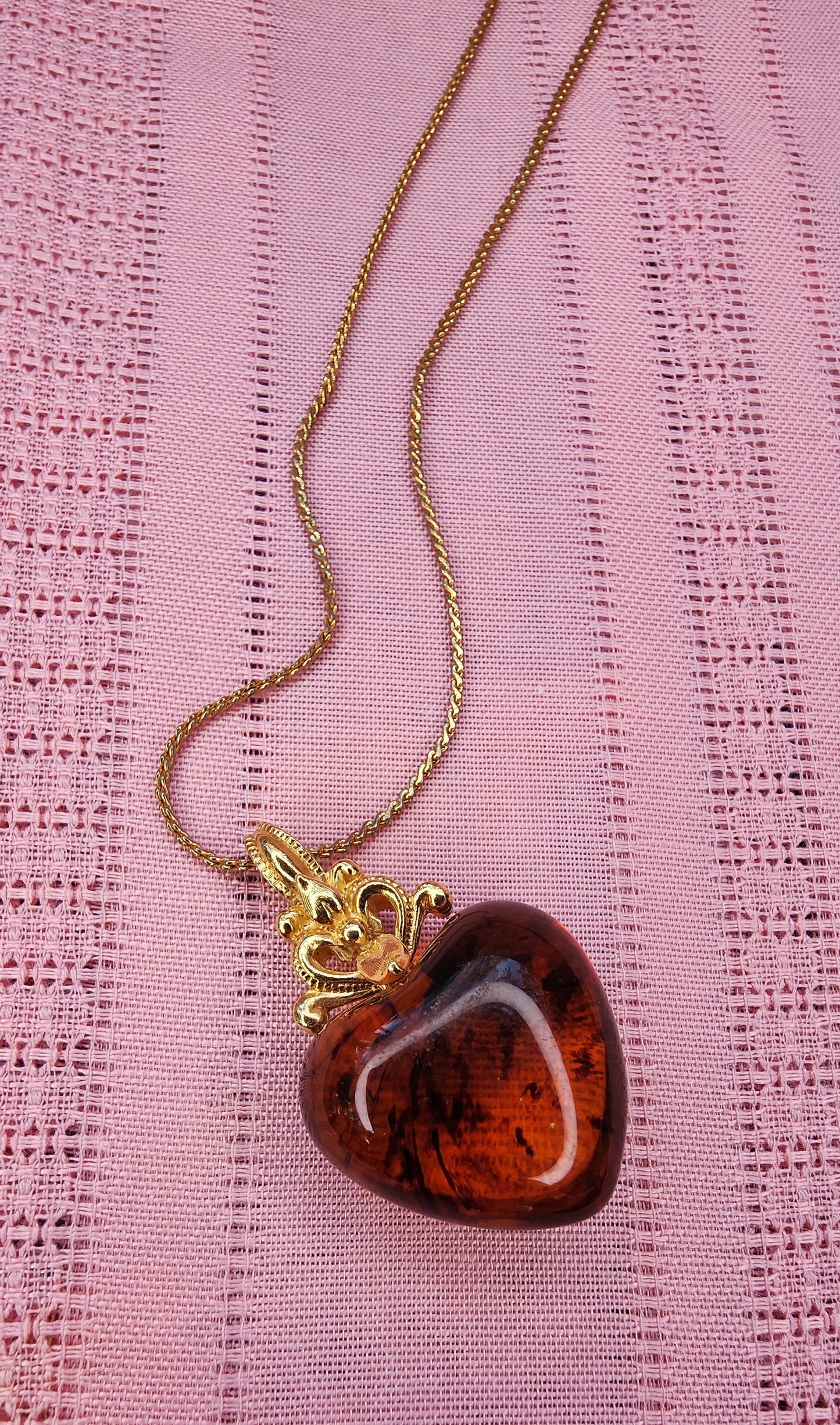 Vintage Puffy Tortoise Shell or Amber SIENNA HEART NECKLACE Avon