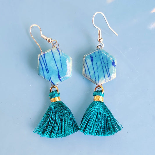 Teal Ceramic Tassel Dangle Earrings