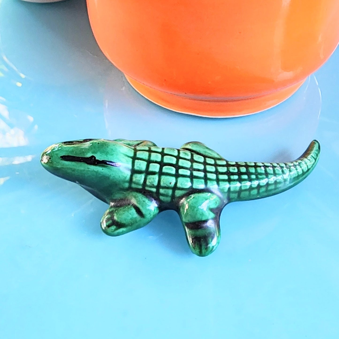 Vintage Green Majolica Male Alligator Totem Fertility Figurine