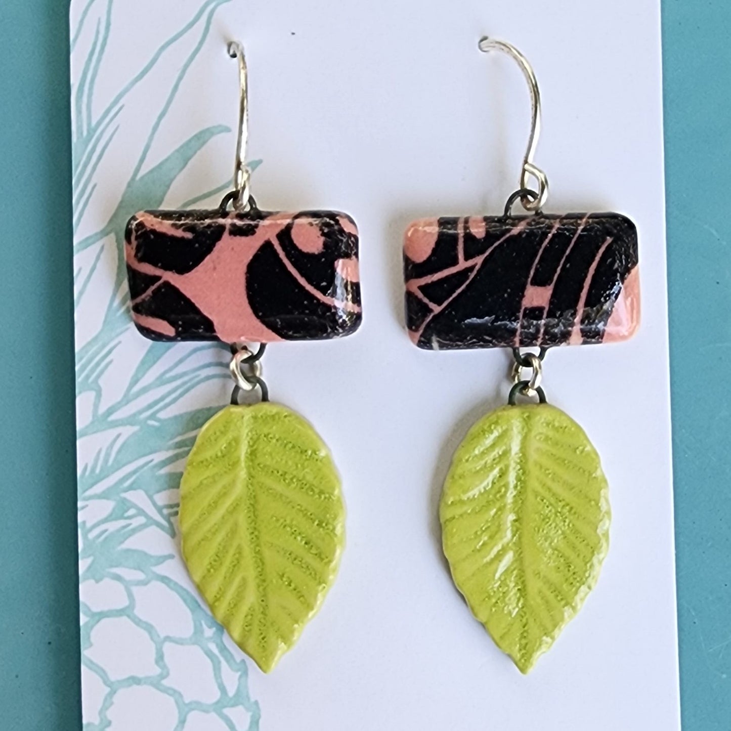 Pink & Green Leaf Earrings