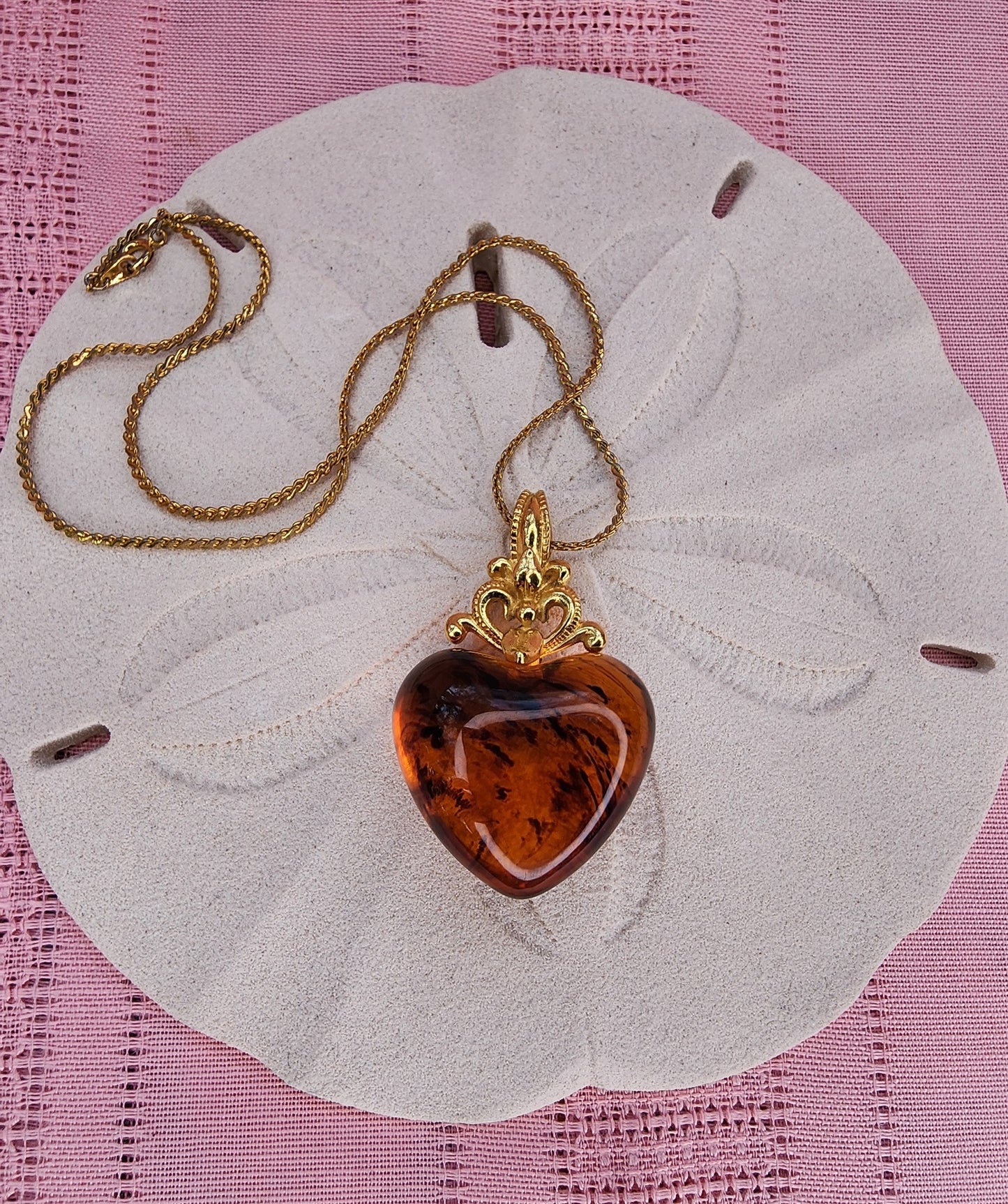 Vintage Puffy Tortoise Shell or Amber SIENNA HEART NECKLACE Avon