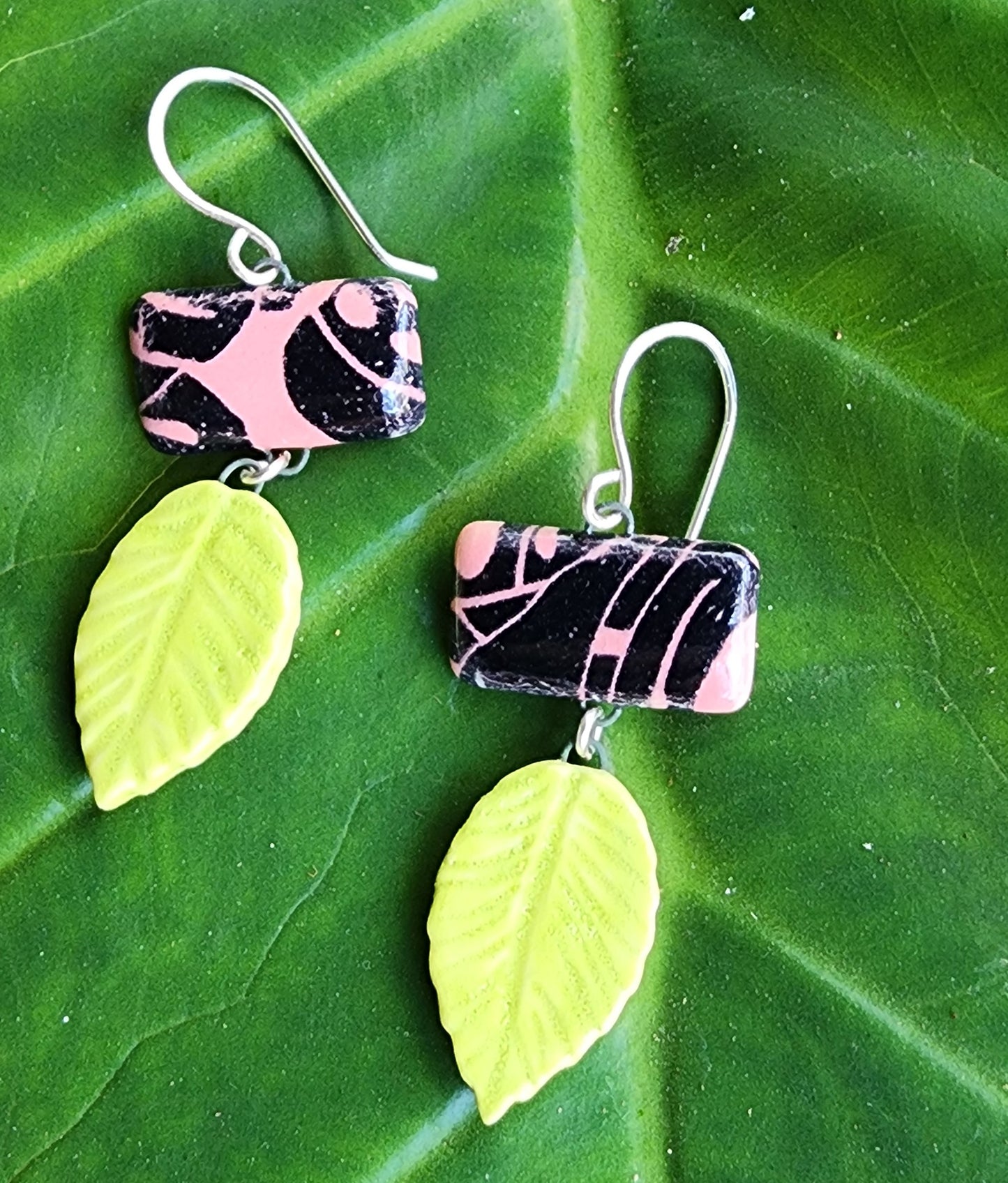 Pink & Green Leaf Earrings