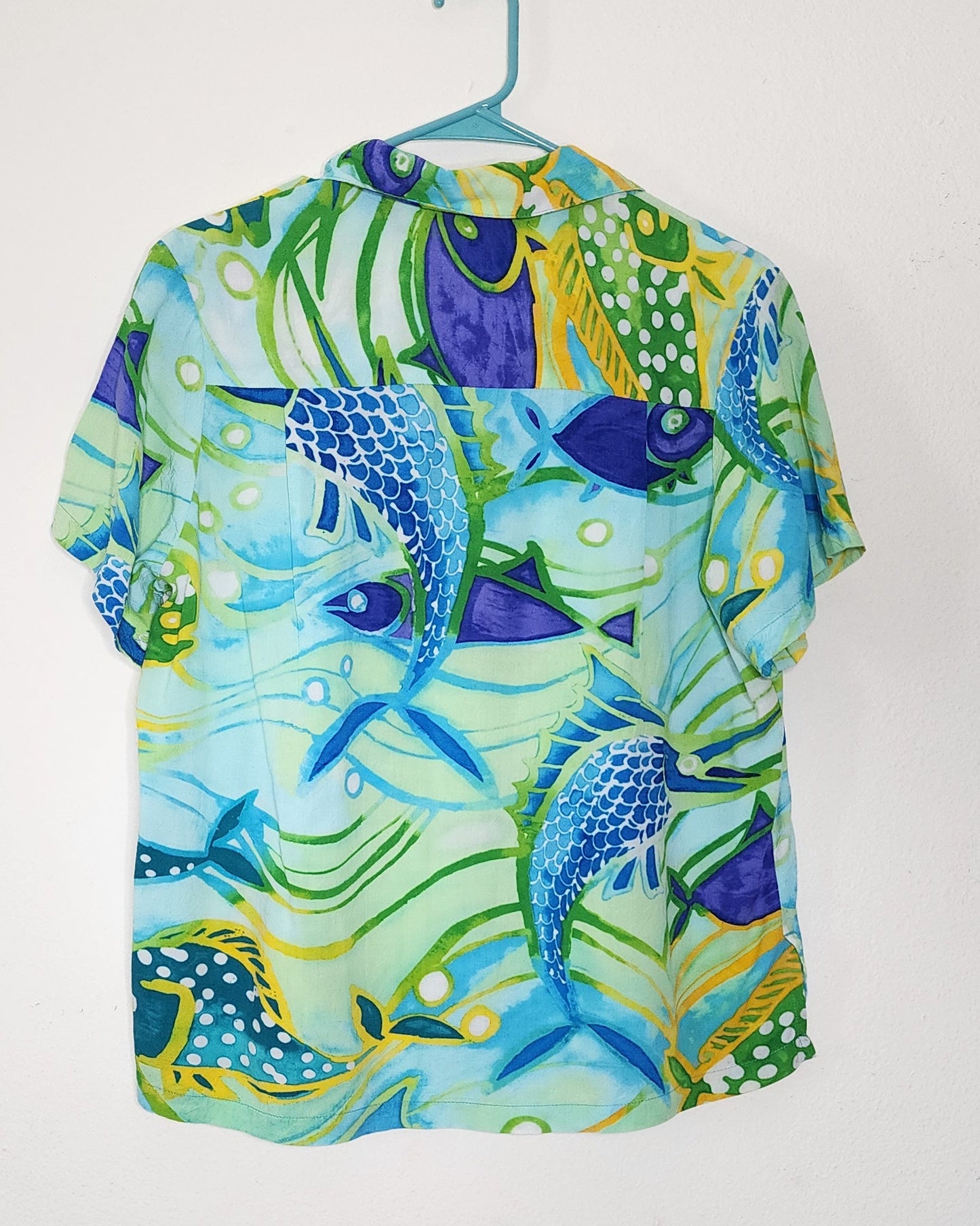 Jams World Women's Rayon Hawaiian Shirt Neptune Blue Fish Print Size Small