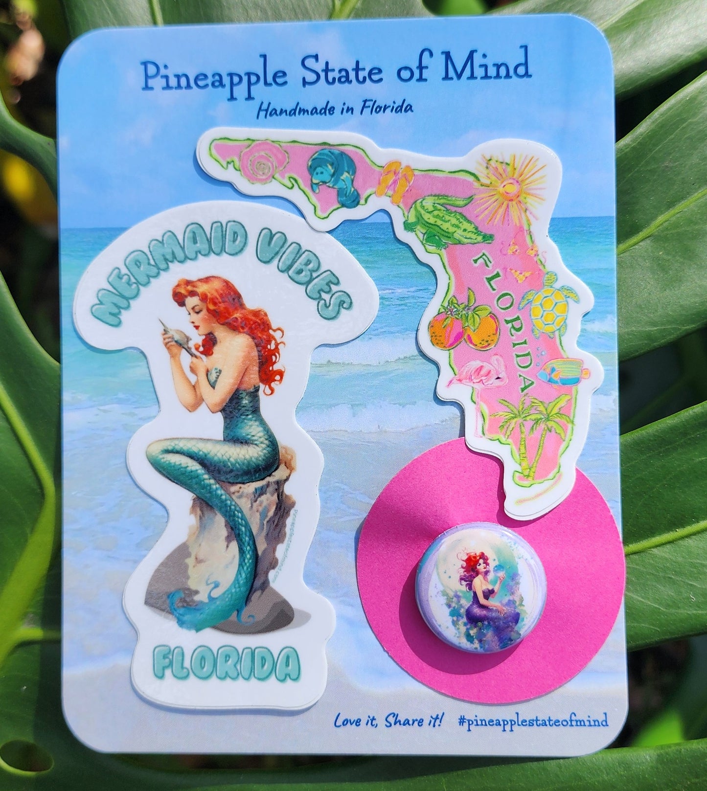 Florida Map Themed Mermaid Stickers & Pin Gift Set