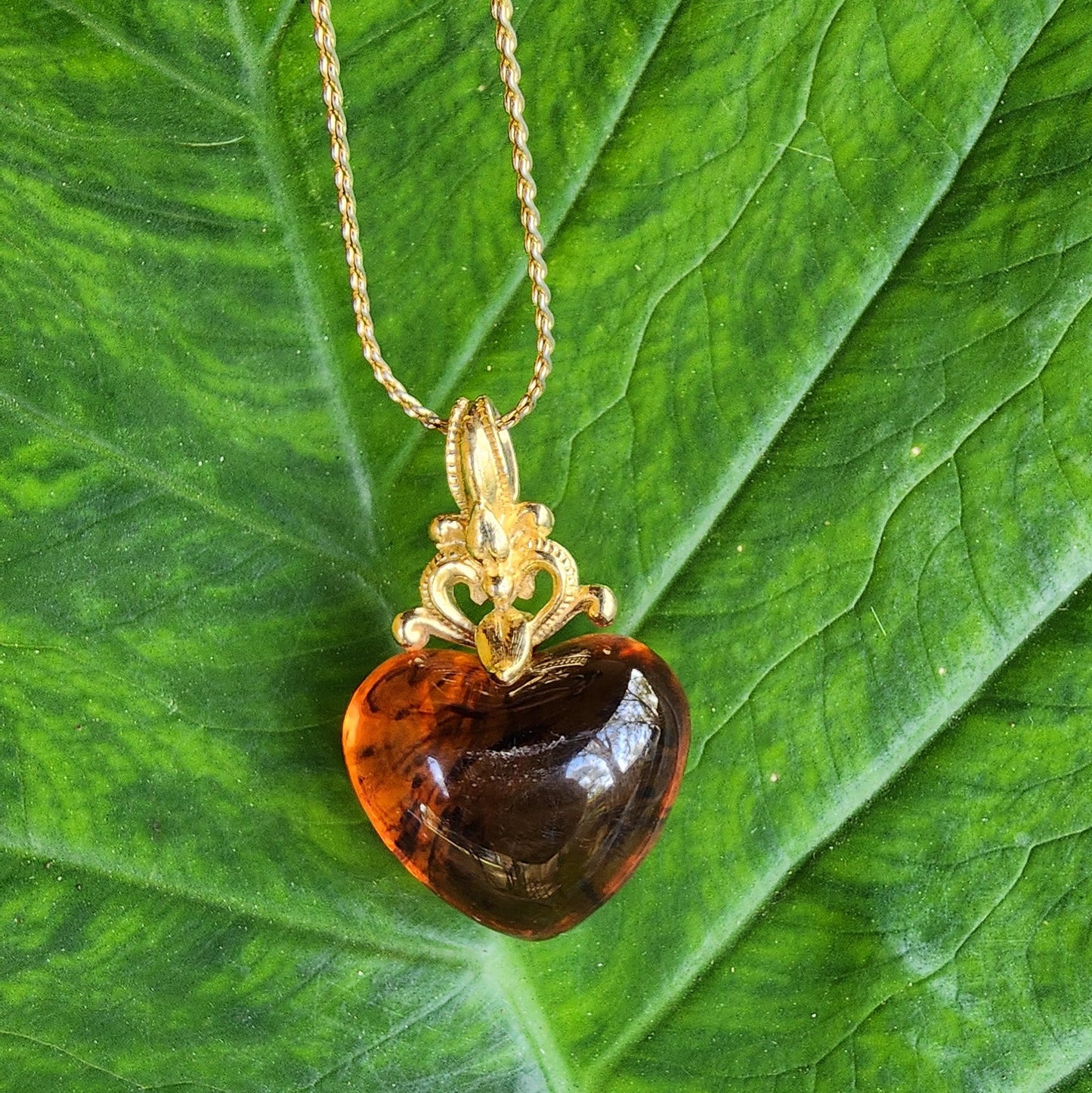 Vintage Puffy Tortoise Shell or Amber SIENNA HEART NECKLACE Avon