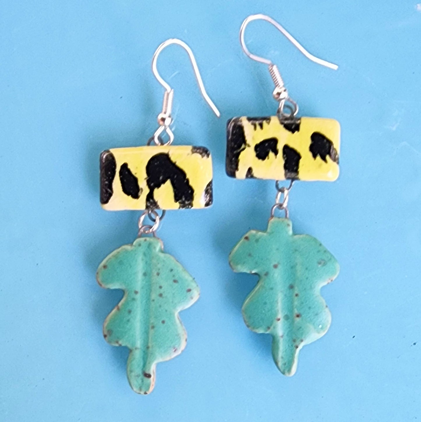 Jungle Abstract Yellow Animal Print Cheetah Satin Teal Ceramic Dangle Earrings