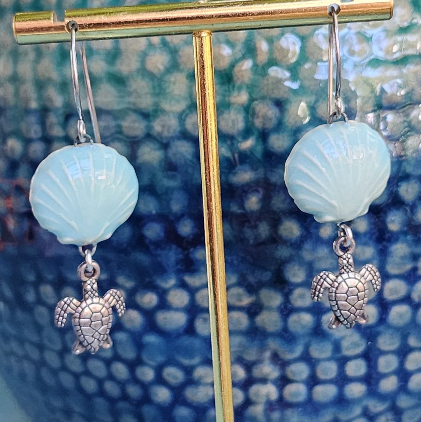 Aqua Blue Ceramic Seashell and Turtle Dangle Earrings