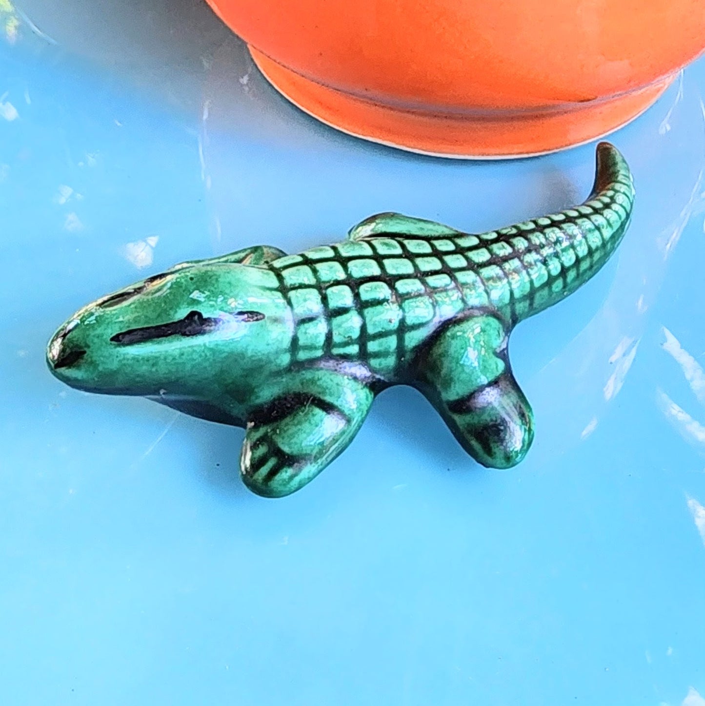 Vintage Green Majolica Male Alligator Totem Fertility Figurine