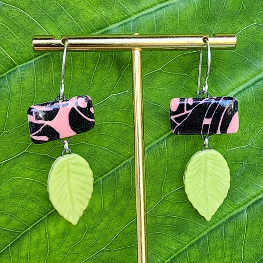 Pink & Green Leaf Earrings