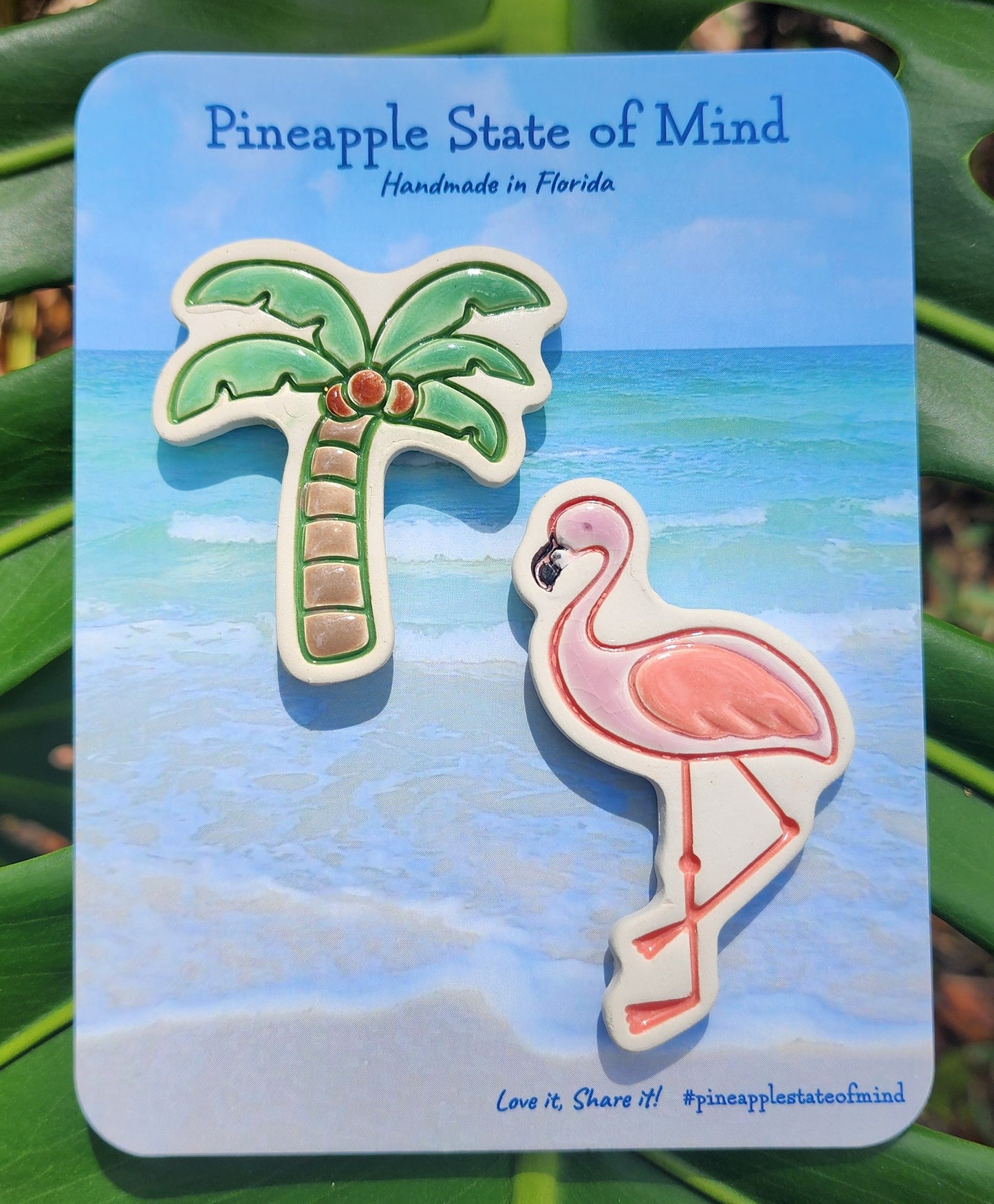 Ceramic Tropical Pink Flamingo Palm Tree Magnet Set