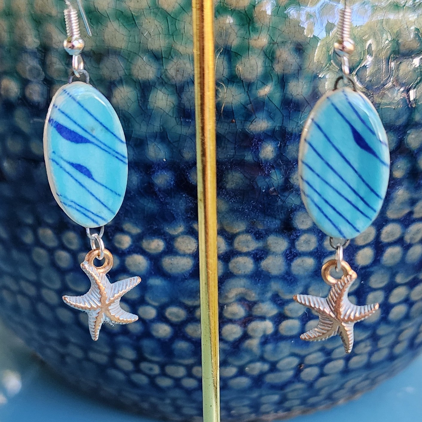 Blue Abstract Starfish Ceramic Dangle Earrings