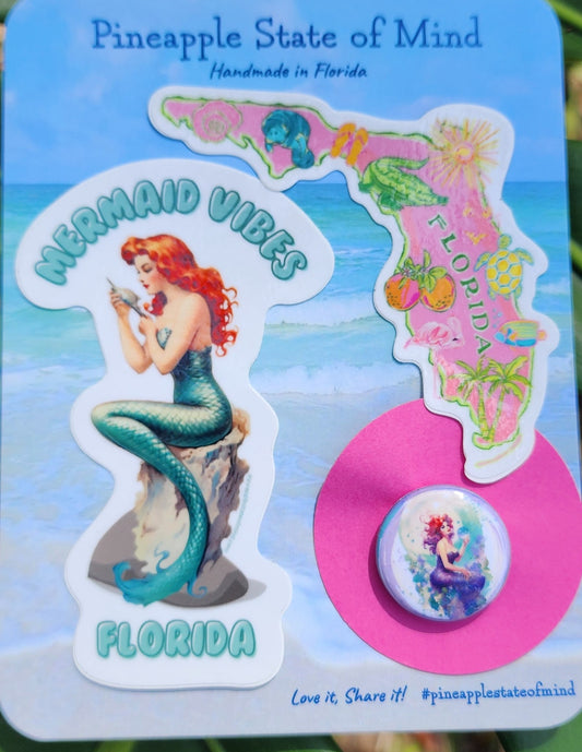 Florida Map Themed Mermaid Stickers & Pin Gift Set