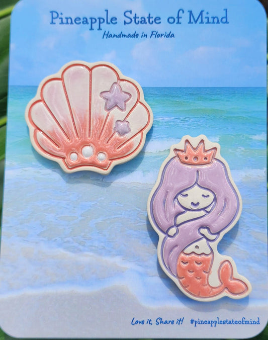 Mermaid Seashell Pink & Purple Ceramic Magnet Set