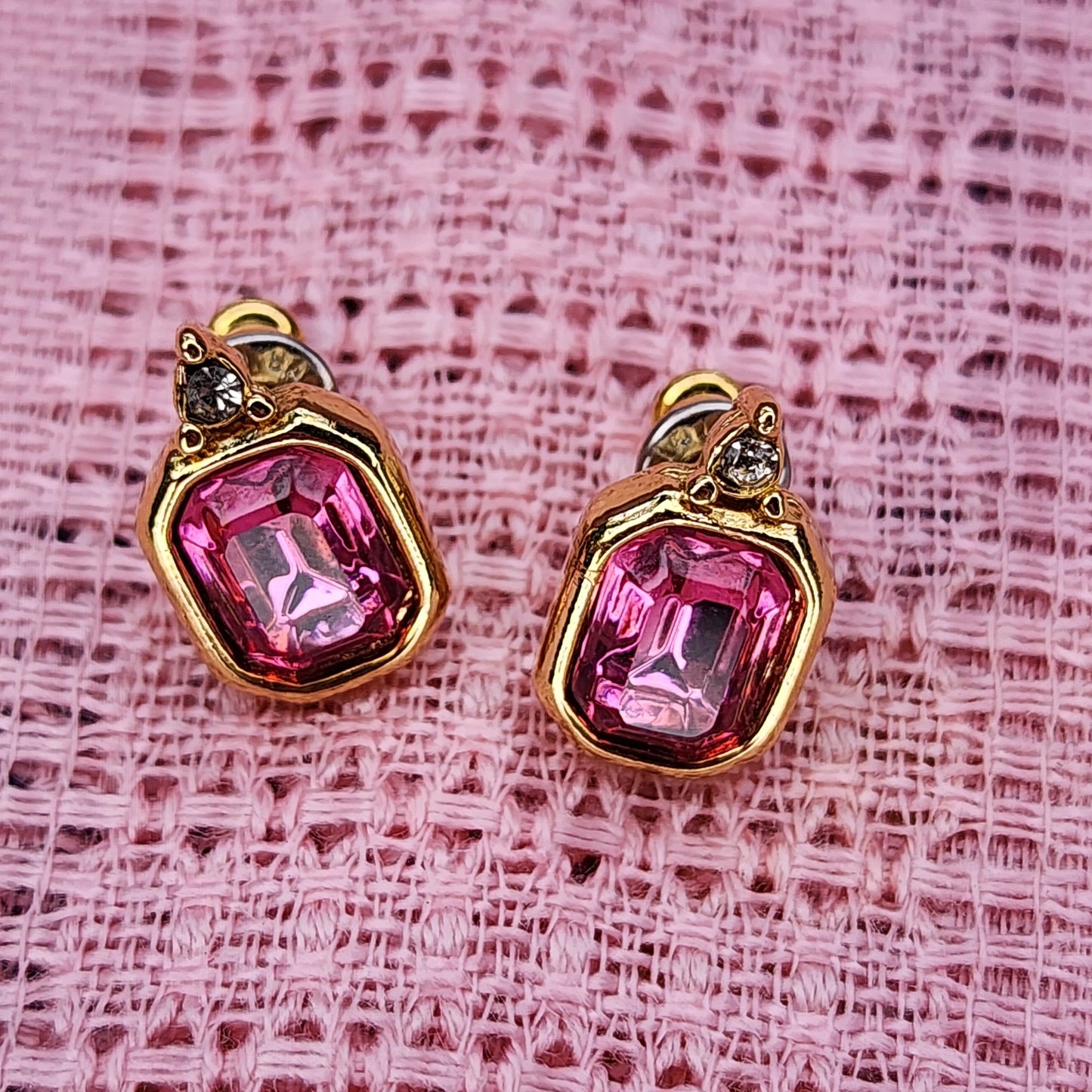 Vintage Swarovski Hot Pink and Gold Rhinestone Stud Earrings