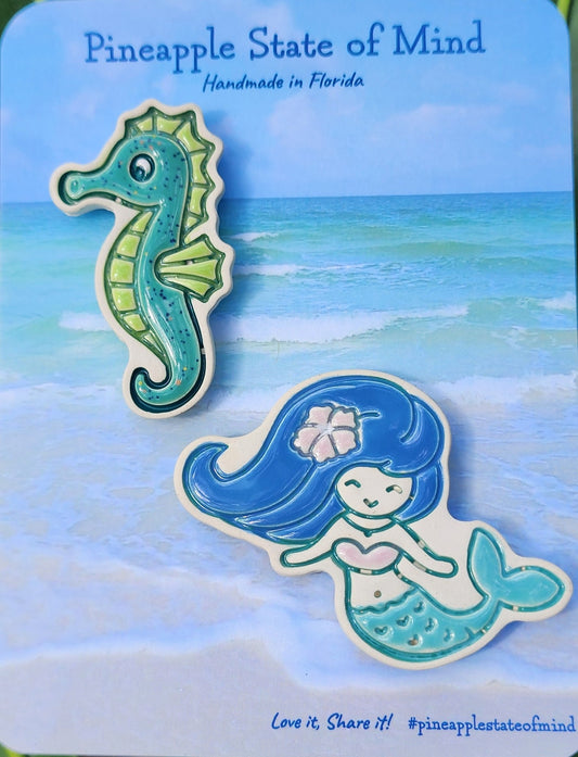 Ceramic Seahorse & Mermaid Magnet Set