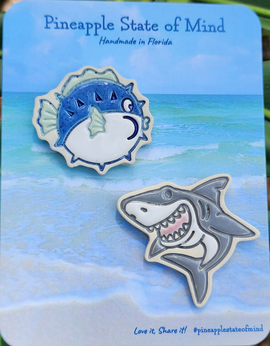 Ceramic Shark and Pufferfish Magnet Set