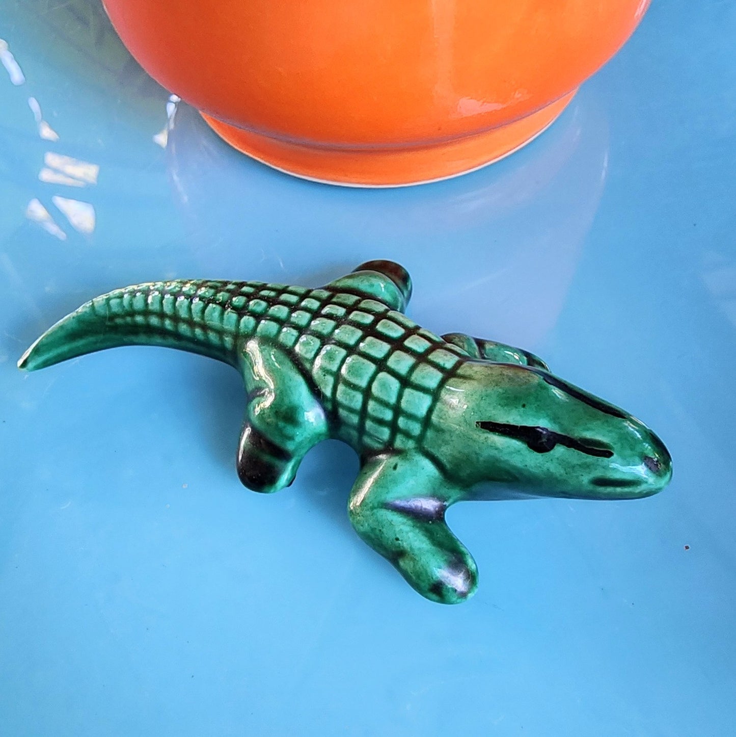 Vintage Green Majolica Male Alligator Totem Fertility Figurine