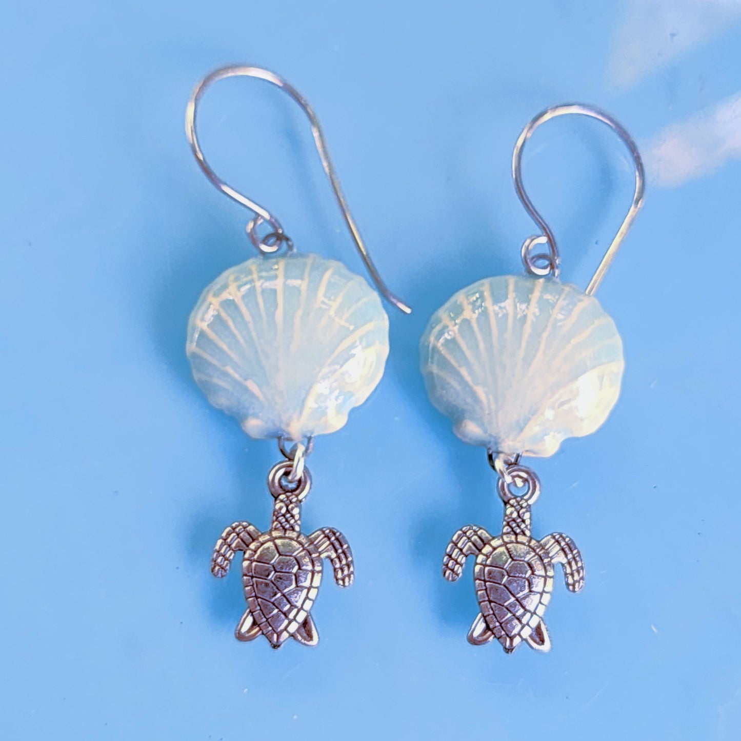 Aqua Blue Ceramic Seashell and Turtle Dangle Earrings