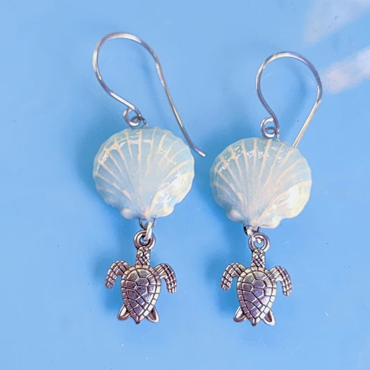 Aqua Blue Ceramic Seashell and Turtle Dangle Earrings