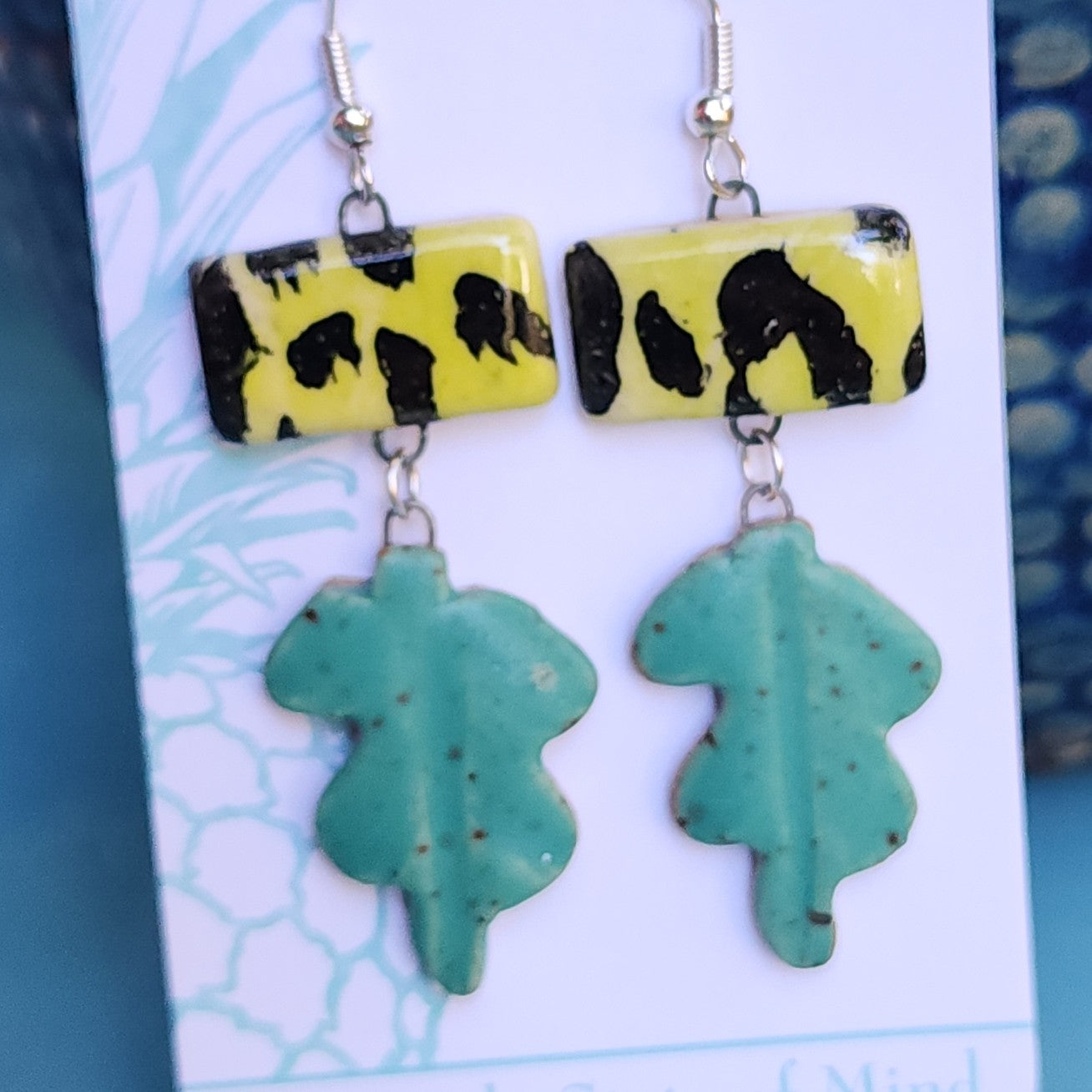 Jungle Abstract Yellow Animal Print Cheetah Satin Teal Ceramic Dangle Earrings