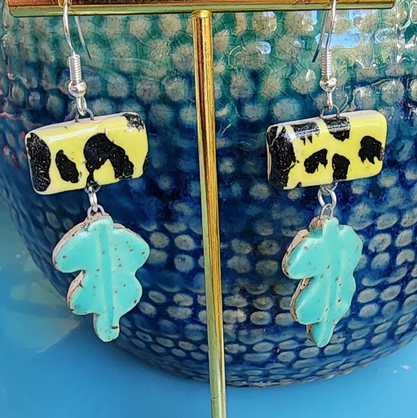 Jungle Abstract Yellow Animal Print Cheetah Satin Teal Ceramic Dangle Earrings