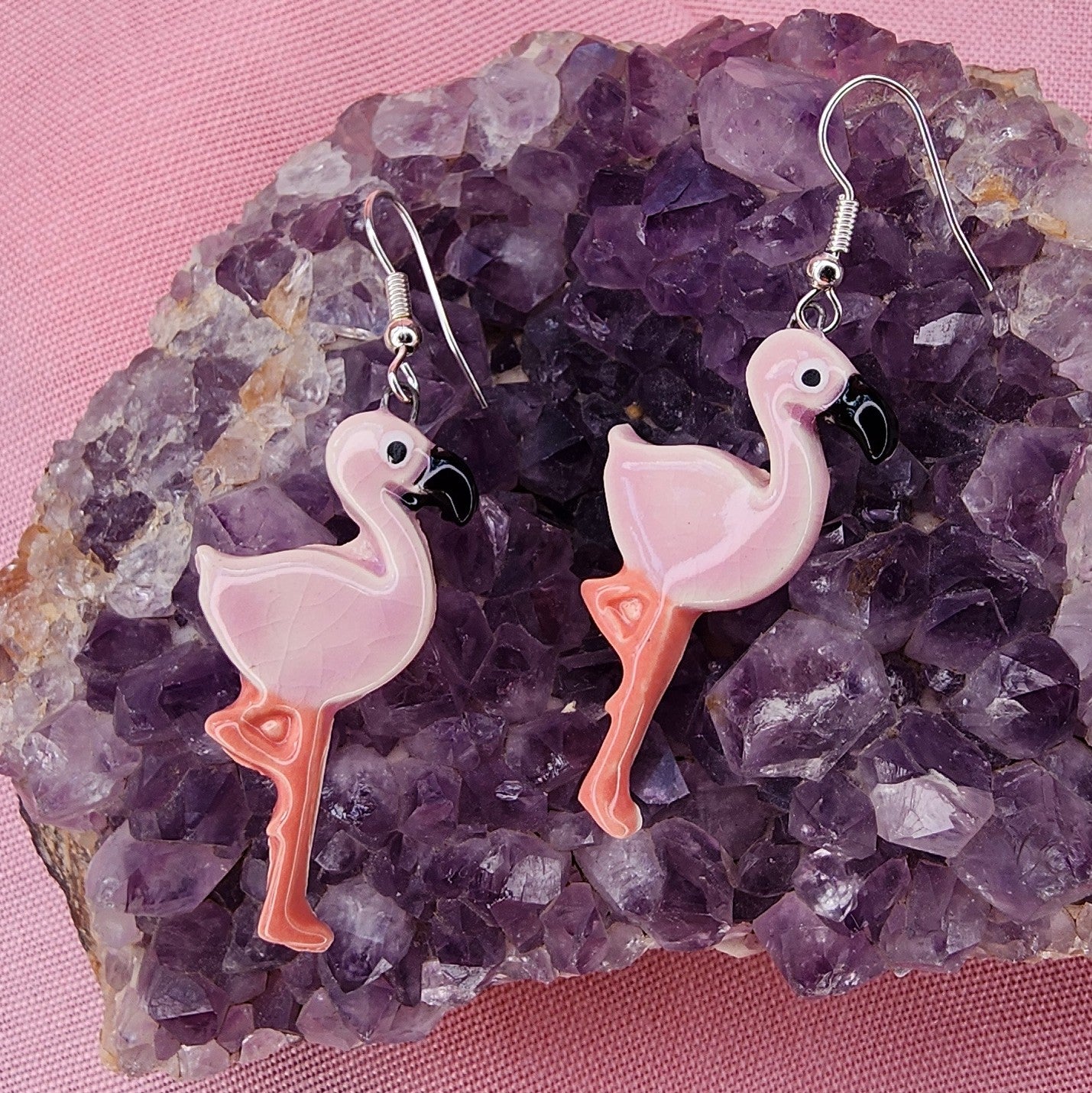 Hand Made Pink Flamingo Ceramic Dangle Earrings