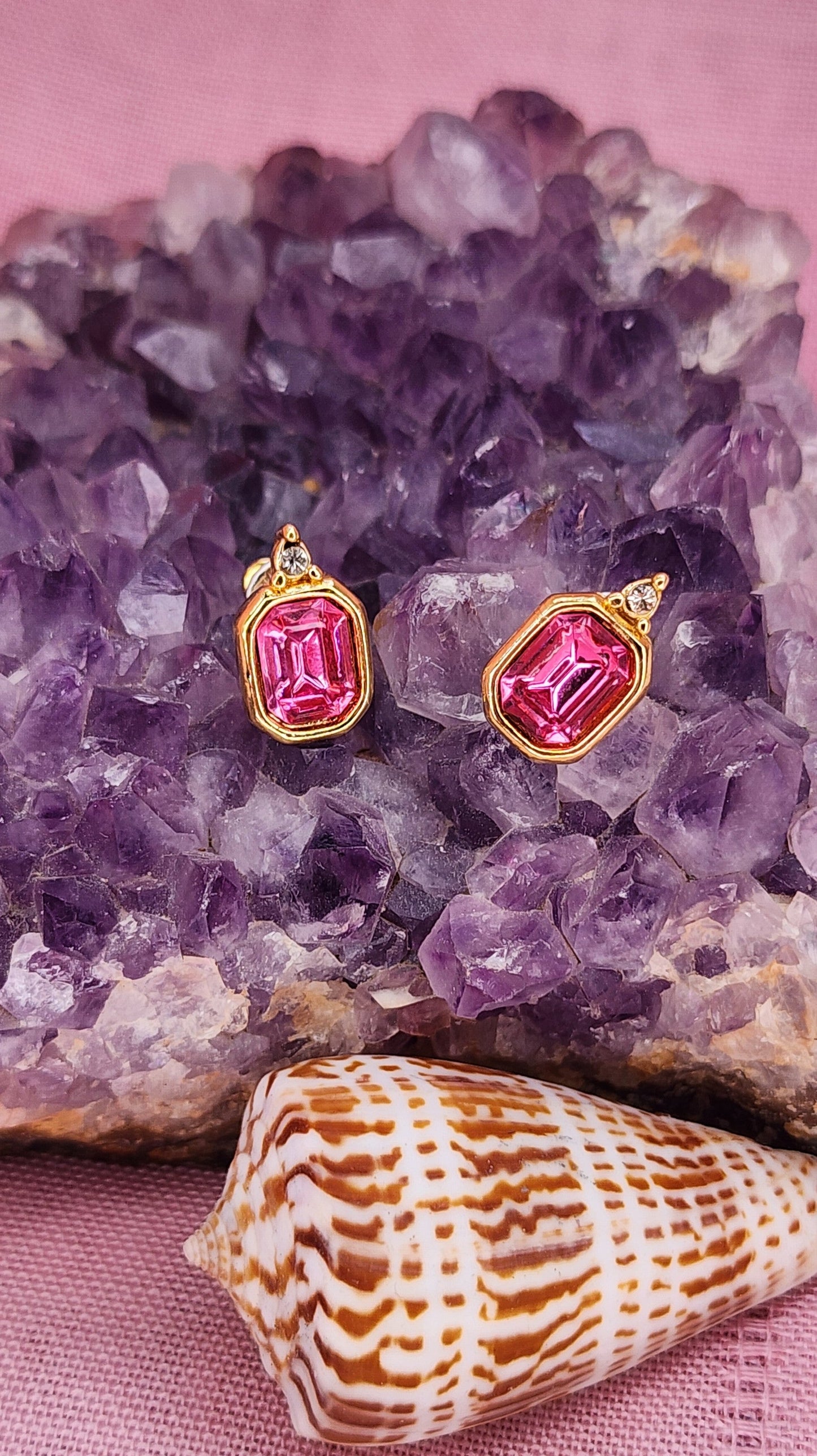 Vintage Swarovski Hot Pink and Gold Rhinestone Stud Earrings
