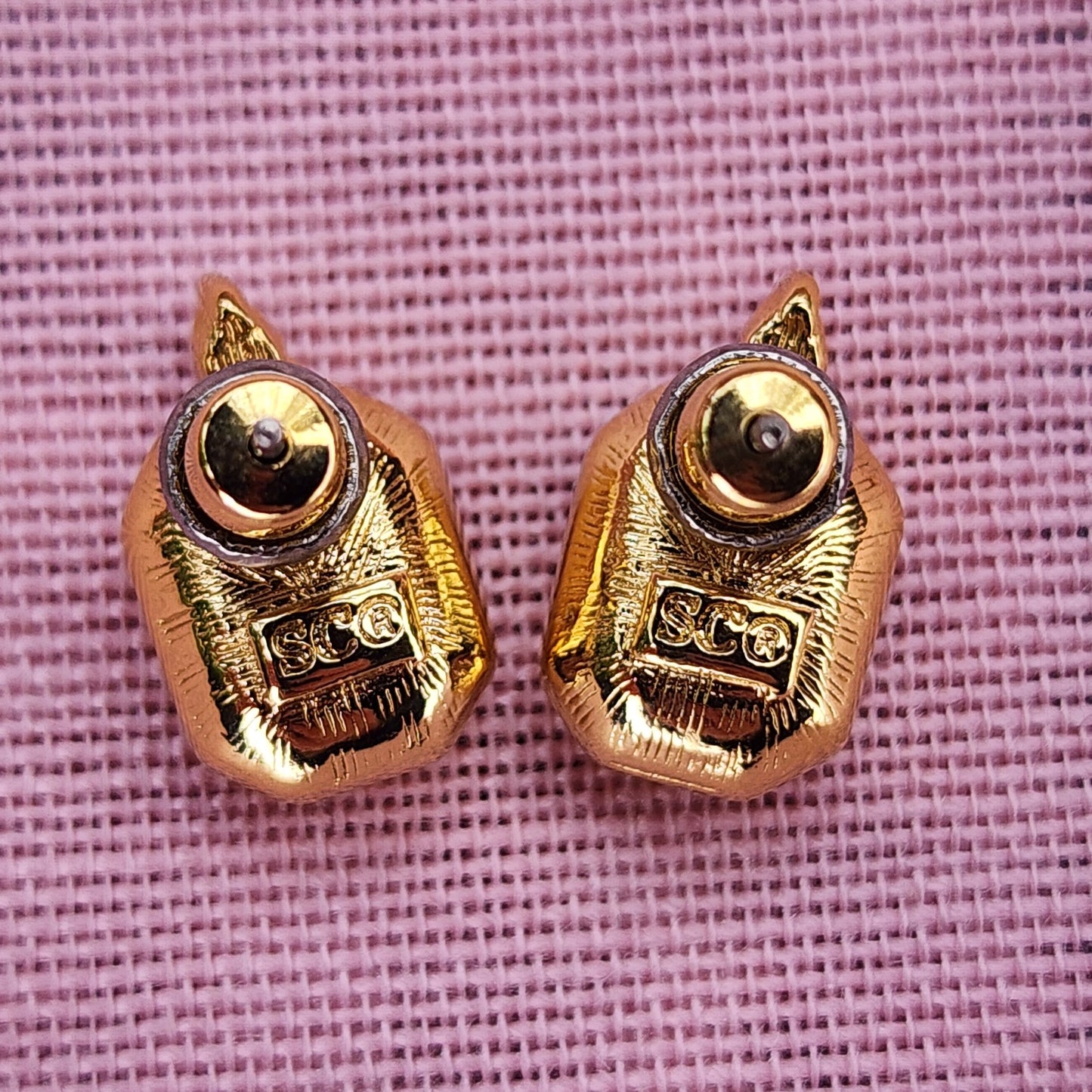 Vintage Swarovski Hot Pink and Gold Rhinestone Stud Earrings