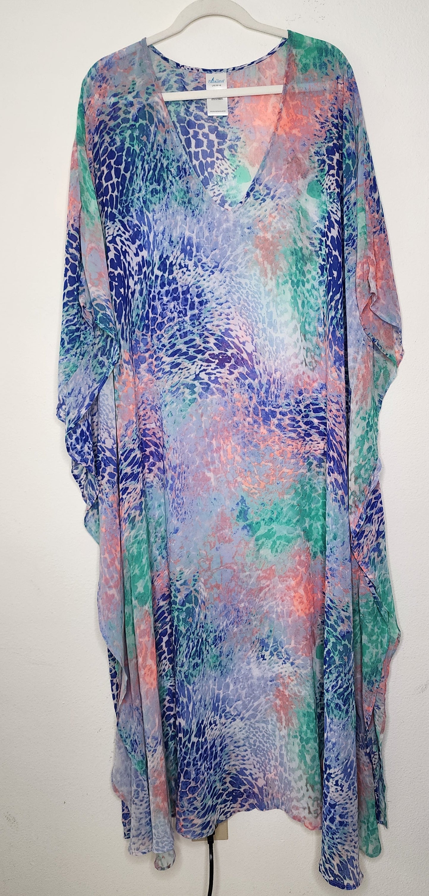 Catalina chiffon blue and pink watercolor maxi caftan swim cover-up dress in size Large 12-14