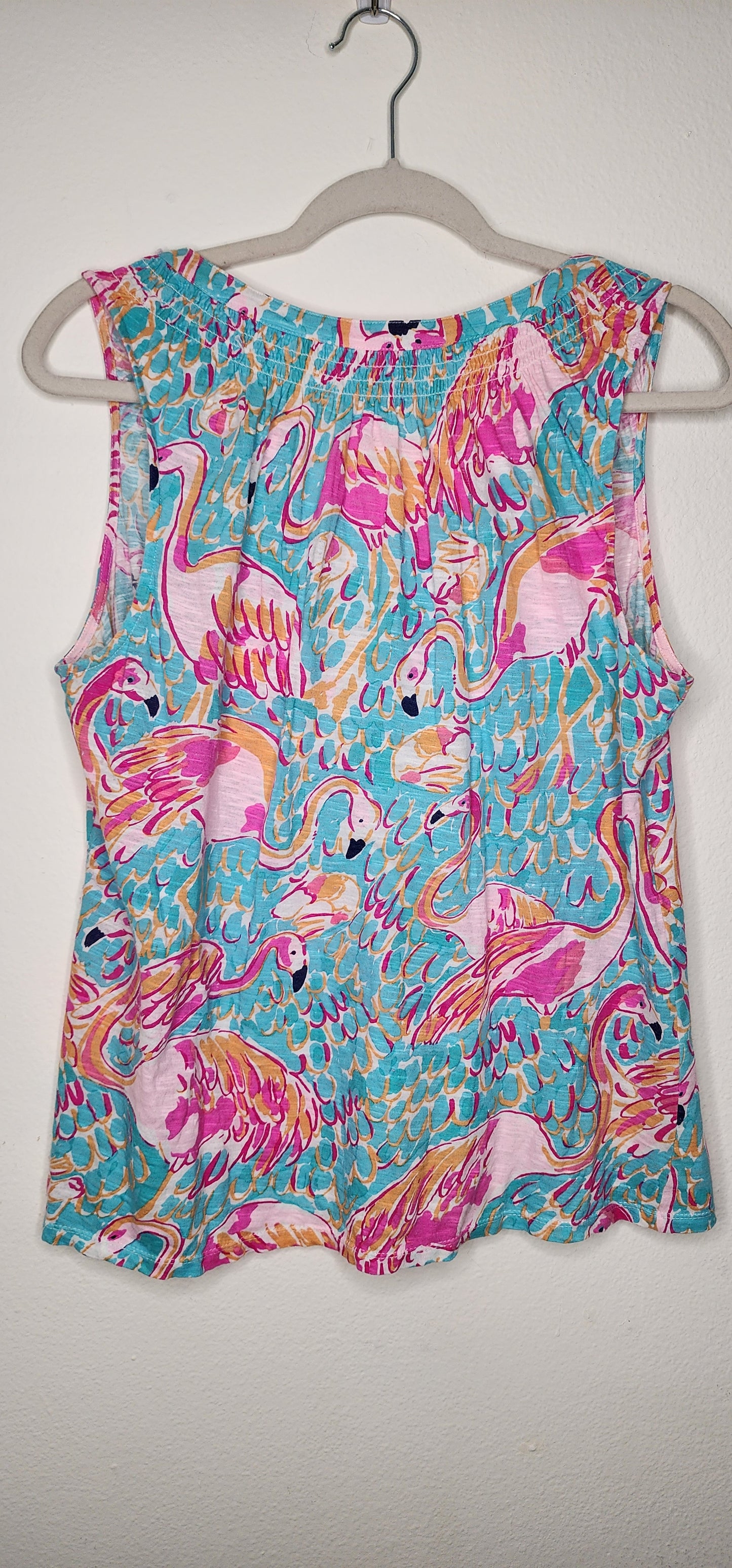 Lilly Pulitzer Essie Sleeveless top "peel and eat" pink and blue flamingo 100% cotton in size large