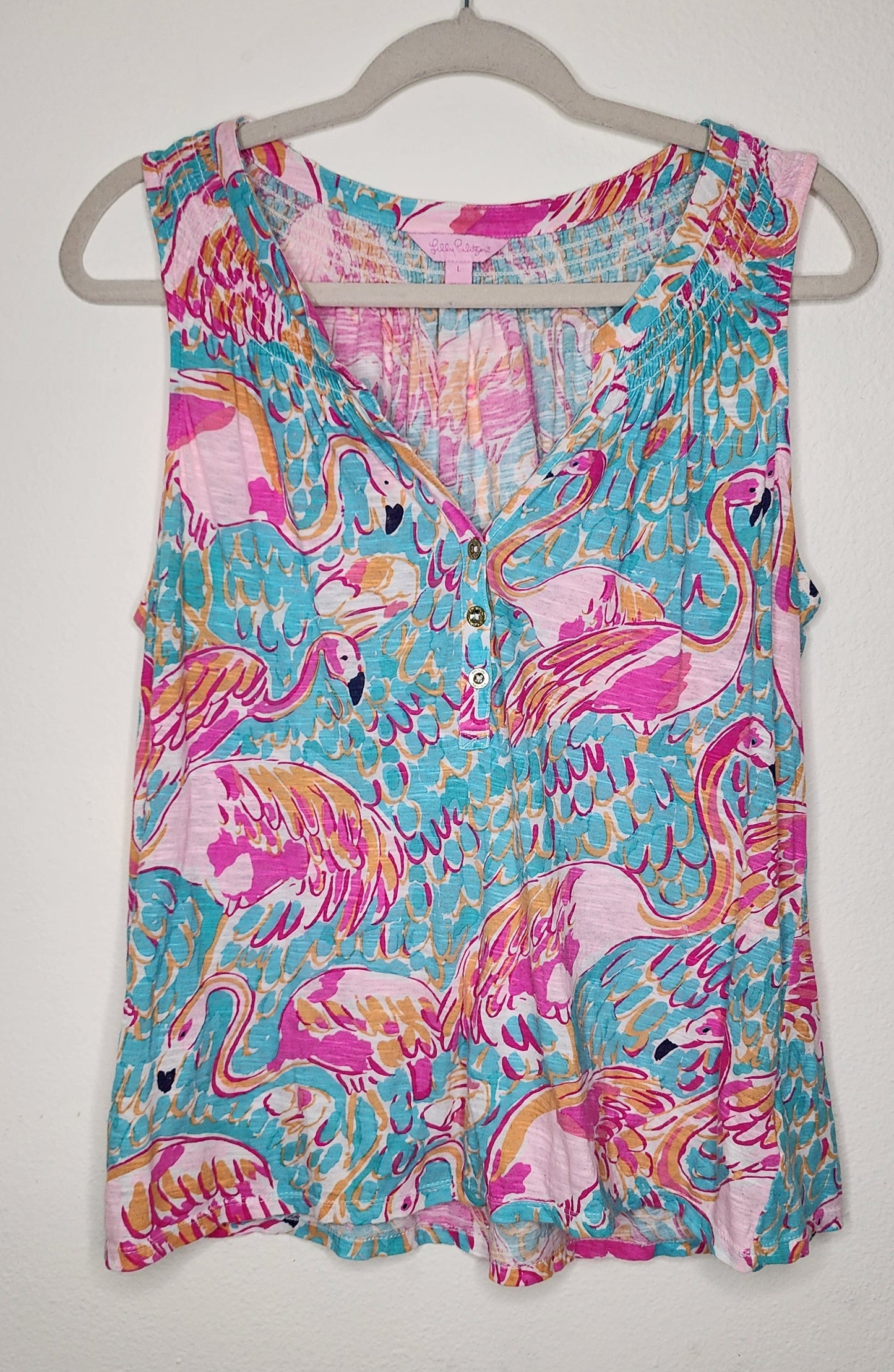 Lilly Pulitzer Essie Sleeveless top "peel and eat" pink and blue flamingo 100% cotton in size large