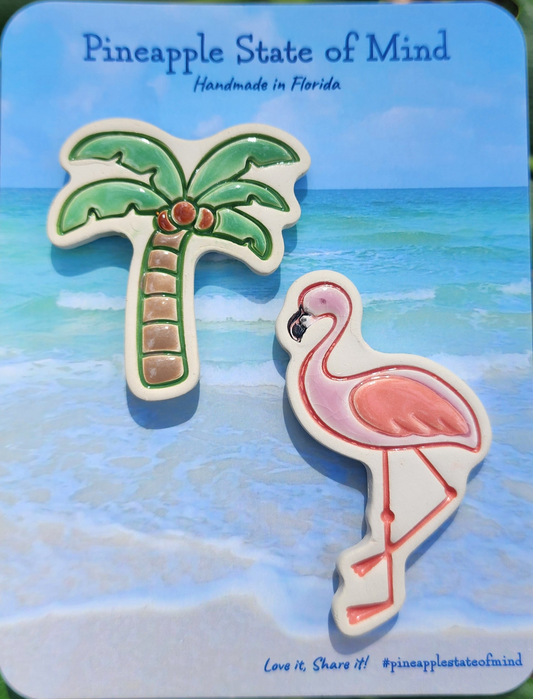 Ceramic Tropical Pink Flamingo Palm Tree Magnet Set