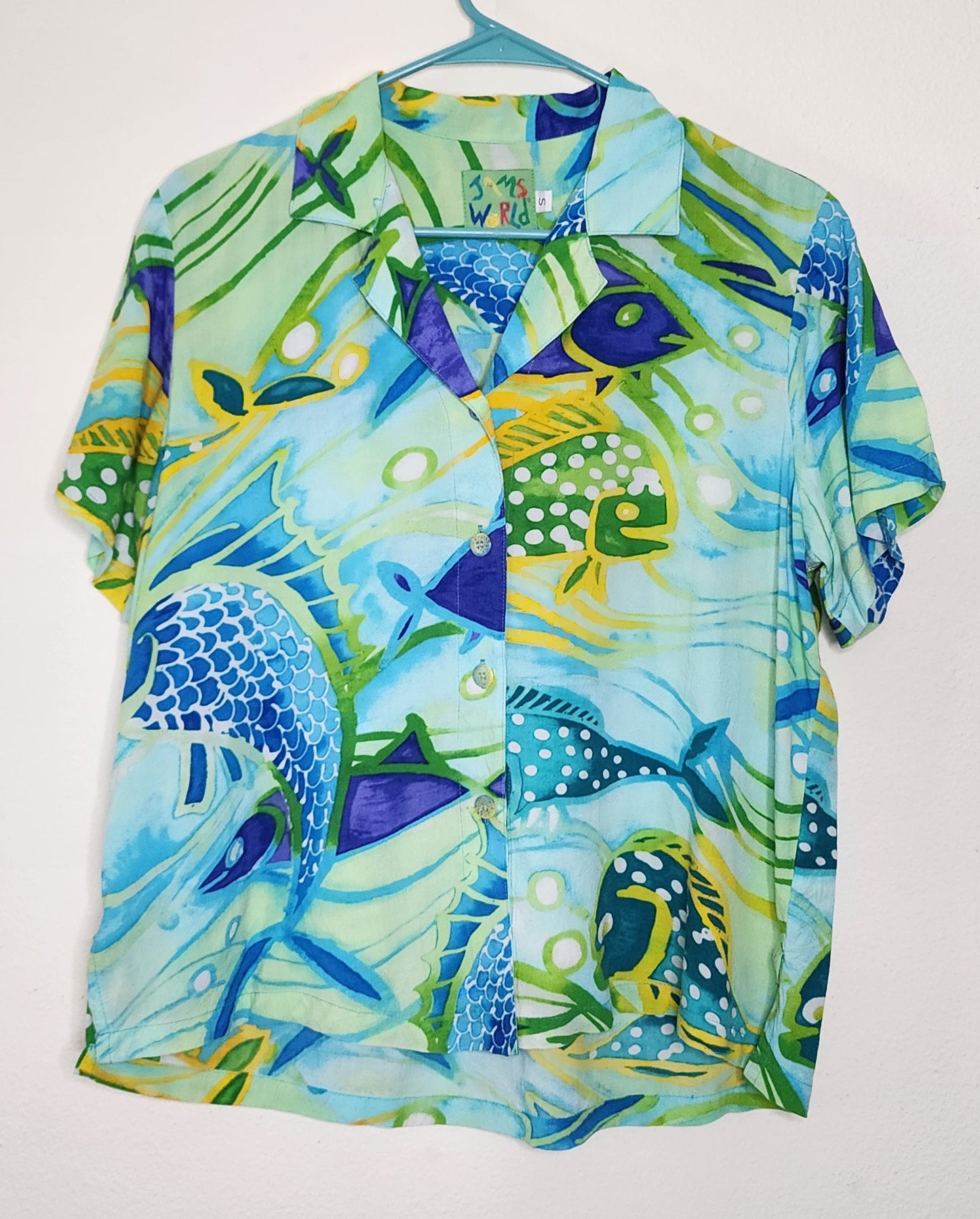Jams World Women's Rayon Hawaiian Shirt Neptune Blue Fish Print Size Small