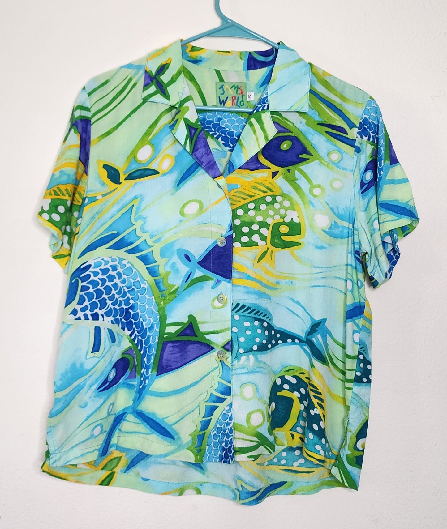 Jams World Women's Rayon Hawaiian Shirt Neptune Blue Fish Print Size Small