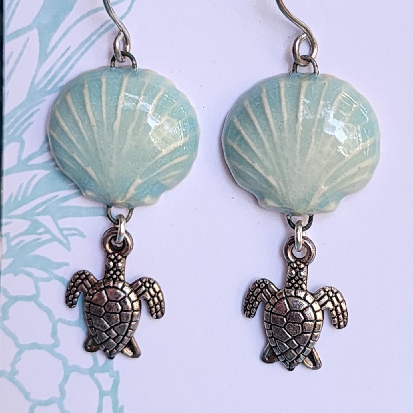 Aqua Blue Ceramic Seashell and Turtle Dangle Earrings