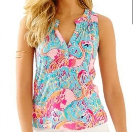 Lilly Pulitzer Essie Sleeveless top "peel and eat" pink and blue flamingo 100% cotton in size large