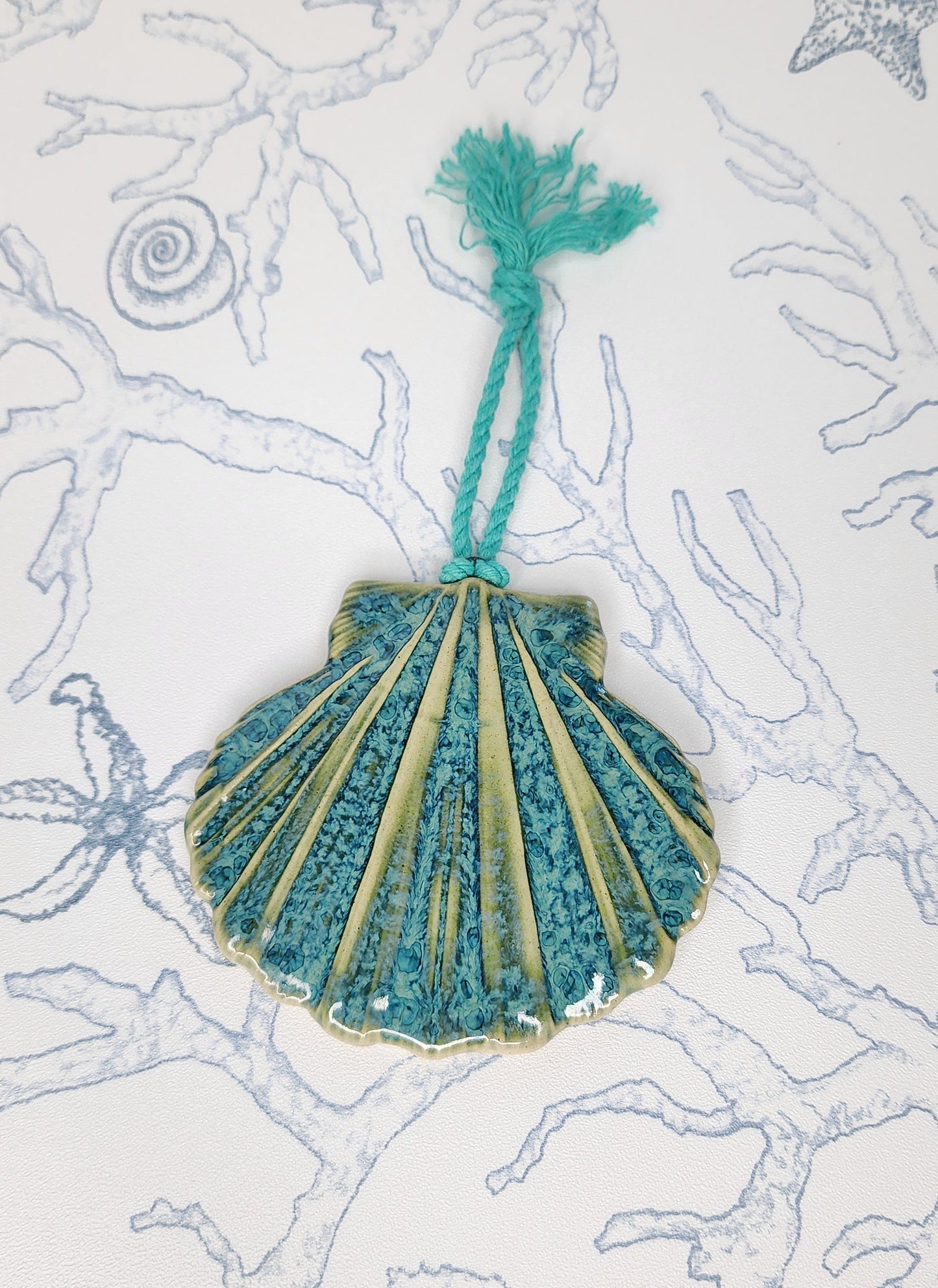 Blue Ceramic Seashell Christmas Holiday Ornament