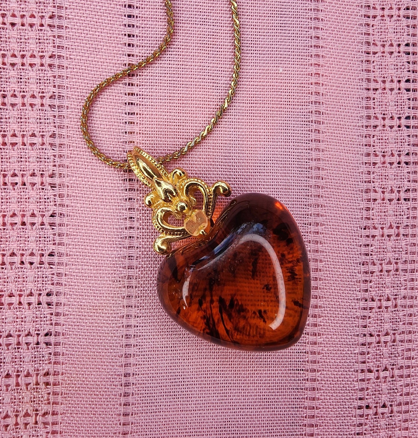 Vintage Puffy Tortoise Shell or Amber SIENNA HEART NECKLACE Avon