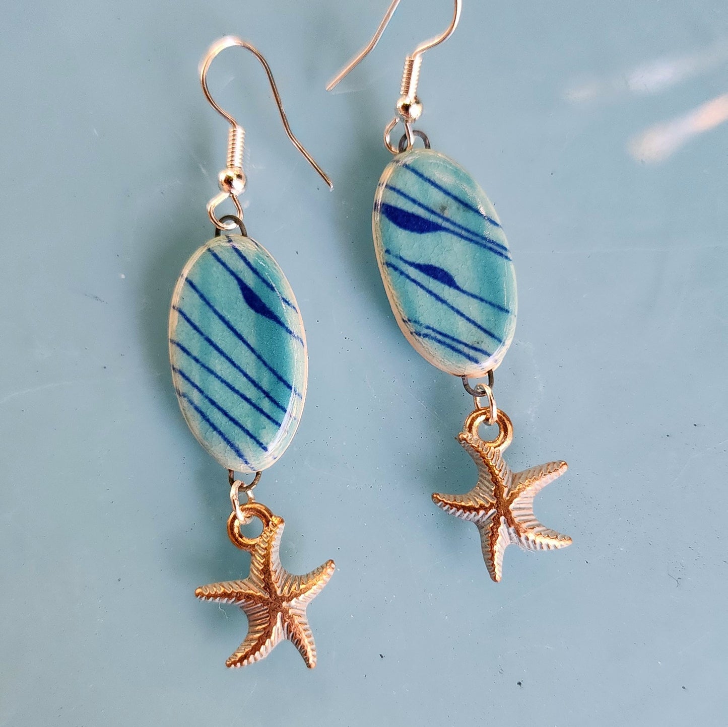 Blue Abstract Starfish Ceramic Dangle Earrings